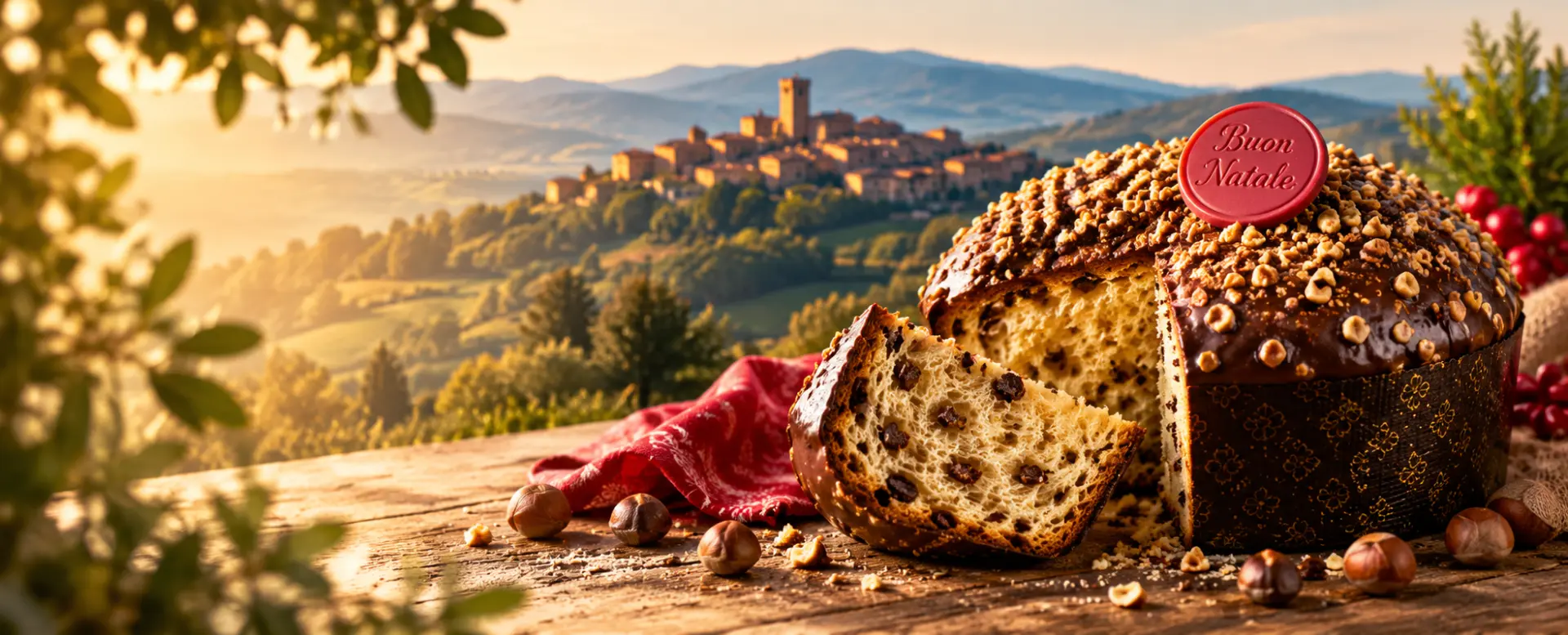 Panettone con cioccolato e nocciole davanti a un borgo della Valmarecchia